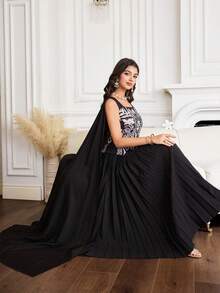 Al Najma New Design Patchwork Pleated Cinched Waist Romantic Elegant Luxury Party Dress - Multicolor - View 6