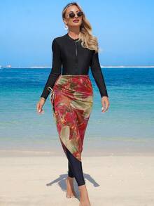 Swim Mulvari 3pcs Women's Black Zipper Long Sleeve Bikini Top, Pants + Random Floral Print Pleated Skirt Swimsuit, Summer Beach - Multicolor - View 1