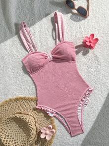 Swim MOD 连体泳衣，波浪纹理面料，随机印花，花卉肩带饰边，性感抹胸设计，适合春夏度假 - 粉色 - 查看 3
