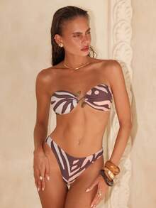 SHEIN Glamour Women's Vacation Beach Colorblock Print Swimsuit Set - Brown - View 4