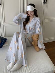 DAZY Bear Print Loose Women Pajama Set - Light Grey - View 7