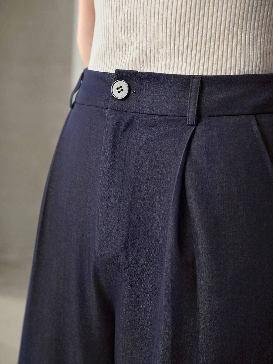 MOTF PREMIUM SOLID FOLD PLEATED SLANT POCKET WIDE LEG PANTS - Blue - View 2