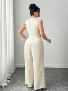 Elenzga 大码女式新款优雅撞色蕾丝阔腿休闲连体裤，适合外出和度假 - 杏色 - 查看 2