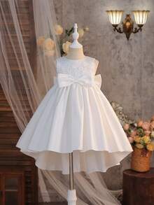 Glamorique Kids 女童高档缎面花卉蕾丝3D刺绣连衣裙，拖尾裙摆，儿童公主裙，花童礼服，适合婚礼、生日派对、舞台表演，饰有大蝴蝶结 - 米色 - 查看 11