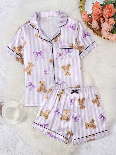 Girls Butterfly & Bear Striped Print Faux Silk Trim Contrast Color Short Sleeve Shorts Pajama Set, Fashion Lapel Casual Loungewear