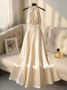 Franclia 女士复古优雅香槟色缎面露背系带吊带连衣裙 - 杏色 - 查看 2