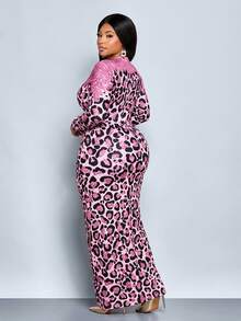 SOLERSUN 大码女式豹纹深V领蝙蝠袖褶皱开衩下摆性感时尚连衣裙，长款连衣裙，长袖腰包及臀部性感长裙，黑色咖啡色不规则渐变豹纹针织面料，前中高开衩，派对礼服，舞会礼服，婚礼宾客礼服，秋冬季，2026，新年 - 粉色 - 查看 3