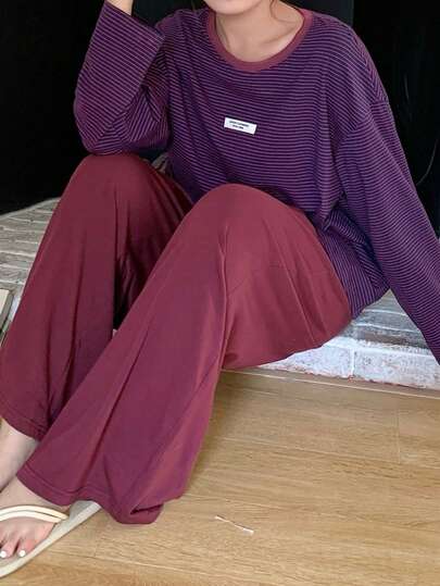 DAZY 大码条纹印花圆领长袖上衣和纯色长裤睡衣套装