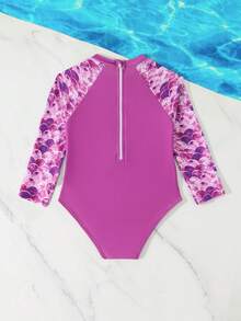 少女连体长袖泳衣，拉链设计，流行拼接印花沙滩度假泳装 - 彩色 - 查看 2