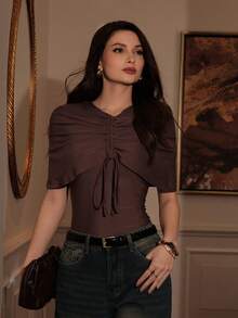 NOVVYNE Drawstring Ruched Sleeveless Cinched Waist V-Neck Women T-Shirt - Coffee Brown - View 3