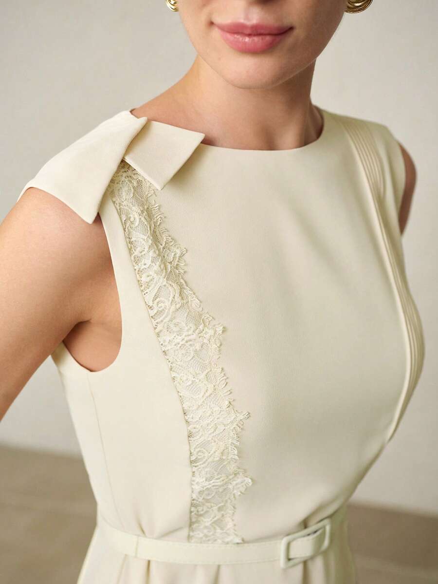 MOTF PREMIUM WOMEN'S LACE PATCHWORK MINI DRESS, SPRING/SUMMER - Beige - View 2