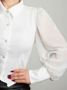 Lupita Cardoza New Fashion Elegant Puff Sleeve Cropped Button Down Shirt, Chic & Slim Fit See-Through Sleeve Blouse Fall Cloth For Women - White - View 3