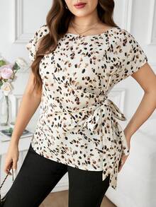 Reflora 大码女式印花圆领扭结前襟休闲短袖上衣，适合夏季、假日、春季外出穿着，优雅休闲，闪亮上衣 - 彩色 - 查看 7