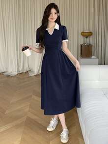 DAZY Robe mi-longue plissée à col polo blocs de couleurs pour femmes, robe chemise de plage, robes décontractées pour femmes - Bleu marine - Voir 7