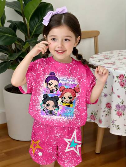 Set de 2 piezas de camiseta y pantalones cortos con estampado digital de grupo de chicas KPOP, conjunto de moda casual y cómodo adecuado para niñas en todas las estaciones