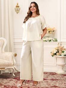 Miaspire Plus Size Elegant Commuter Solid Color Off Shoulder Shirt And Pants Two Pieces Set For Summer/ Vacation Lounge Sets For Women Lounge Sets Plus Size Summer Outfit For Women Beach Vacation Outfits Elegant Party Outfit White Plus Size Jumpsuit - White - View 8