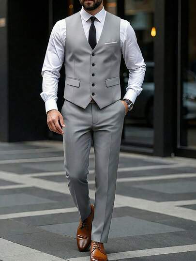 Manfinity Mode Conjunto de traje de negocios de chaleco de un solo pecho y pantalones de unicolor para hombre