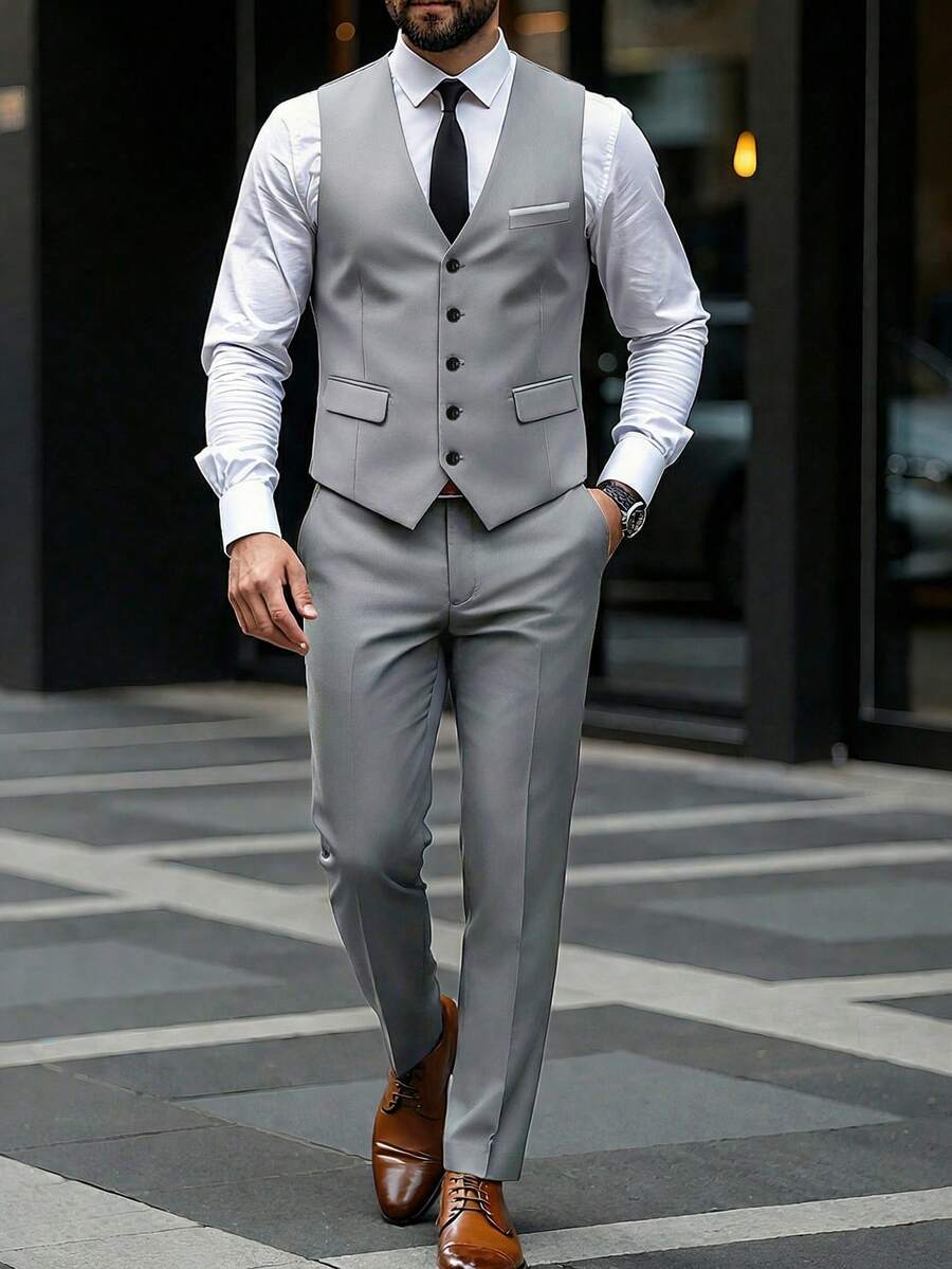 Manfinity Mode 男士纯色单排扣马甲西裤商务套装 - 灰色 - 查看 1