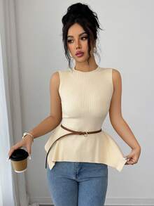 Elenzga Stylish Sleeveless Knit Sweater Top, Asymmetric Hem Design, Fitted Waist, Versatile & Fashionable - Apricot - View 6