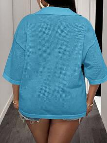 Slaydiva Camiseta de punto holgada de talla grande para mujer con cuello en V, hombros caídos y calado, de unicolor, para primavera/verano - Azul - Ver 3