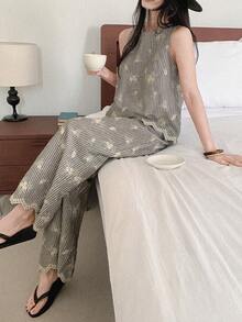 DAZY Women's Round Neck Sleeveless Striped Embroidered Vest And Loose Straight Leg Pants 2-Piece Set, Casual Vacation Style - Grey - View 1