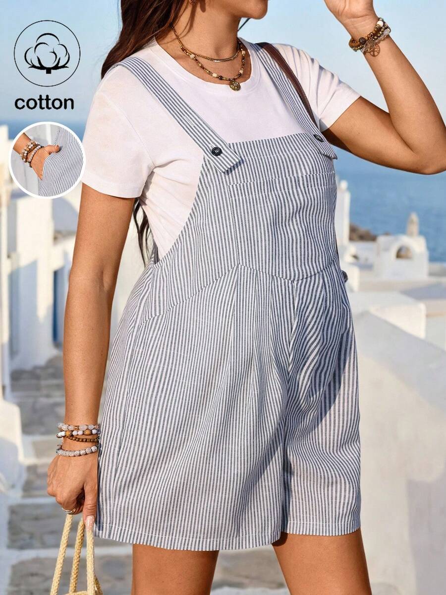 SHEIN 孕妇夏季条纹口袋休闲连体衣 - 藍色 - 查看 1