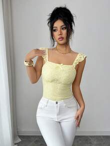 SHEIN Elenzya Elegant Sleeveless Women's Top. Soft Lace Fabric In Light Yellow, Ruffle Hem Flattering Slim Fit Design, Suitable For Daily Outings, Commuting, Dates, Parties, And Various Occasions - Yellow - View 3