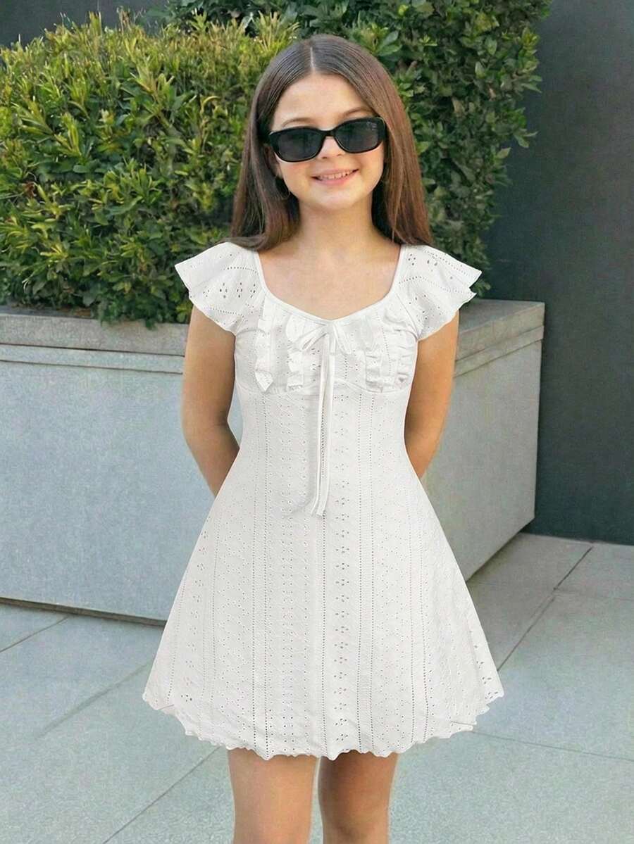 SHEIN 少女优雅立领收腰中长连衣裙 - 白色 - 查看 1