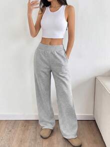 Flirla 女士灰色罗纹腰带低腰口袋直筒阔腿运动裤，秋冬时尚，适合教师、学生、毕业典礼、休闲、街头风、日常穿着，简约百搭 - 灰色 - 查看 6