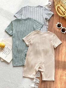 SHEIN Vintaside Kids 3pcs Toddler Boys' Simple Casual Solid Color Ribbed Rompers,Soft Sage Green Baby Clothes,Summer Family Matching Gender Neutral Unisex Outfits - Multicolor - View 3