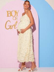 Loomaby 优雅孕妇派对纯色流苏吊带连衣裙 - 杏色 - 查看 10