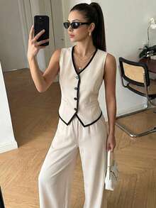 Reset Phase Teen Girl Contrast Trim V-Neck Button Front Sleeveless Jacket And Elastic Waist Pants Set - Apricot - View 9