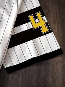 LOONEY TUNES X SHEIN Men's Casual Fashion Street Daily Commute Cartoon Letter Number Striped Print V-Neck Short Sleeve T-Shirt, Summer - White - View 3