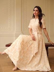 ZEYLAH Vestido elegante de manga corta con escote en V y jacquard, primavera/verano - Albaricoque - Ver 7