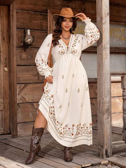Nubod Spring/Summer New Deep V-Neck Puff Sleeve Placement Print Waist Cinched A-Line Dress, Bohemian Countryside Resort Everyday Wear