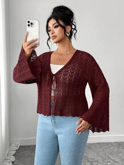 Elenzga Plus Size Dam Elegant Knytknäppt Långärmad Stickad Kofta