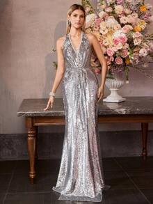 MOTF Soiréza 撞色亮片露背鸡尾酒裙 - 銀色 - 查看 7