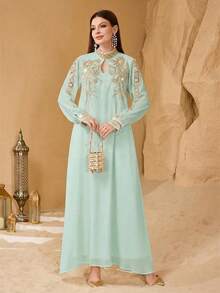 SHEIN Najma 优雅蕾丝边饰串珠装饰女式连衣裙 - 薄荷綠 - 查看 4