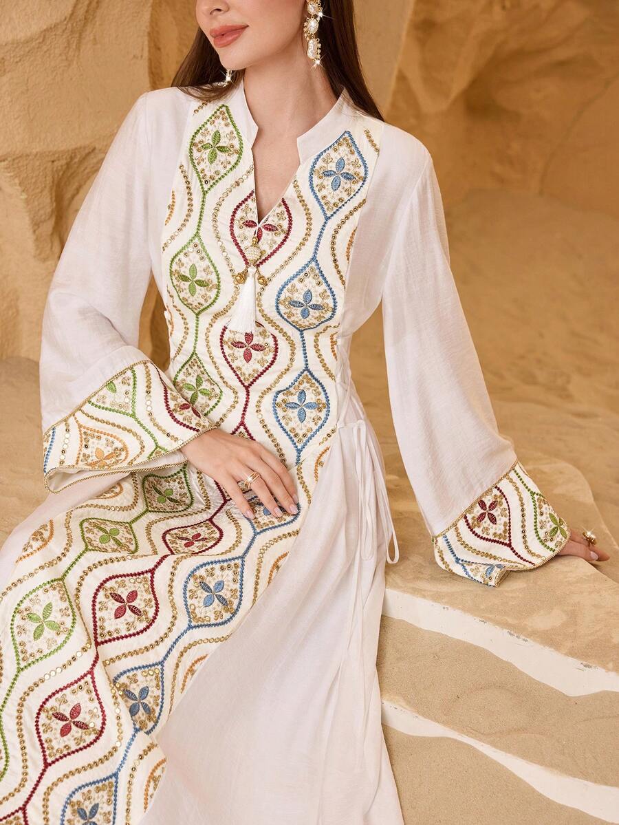 SHEIN Najma Elegant Luxurious Embroidered Long Sleeve Dress, Exquisite Craftsmanship, Sophisticated Style - White - View 1