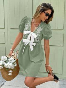 Serisse Women's Casual Vacation Floral Embroidery Tie-Up Short Dress - Mint Green - View 5