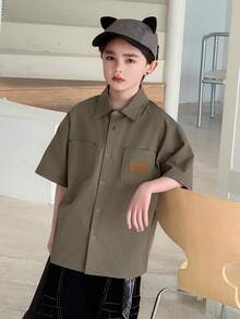 DAZY 青少年男孩夏季休闲时尚街头风日常通勤贴布装饰口袋插肩宽松衬衫 - 綠色 - 查看 3