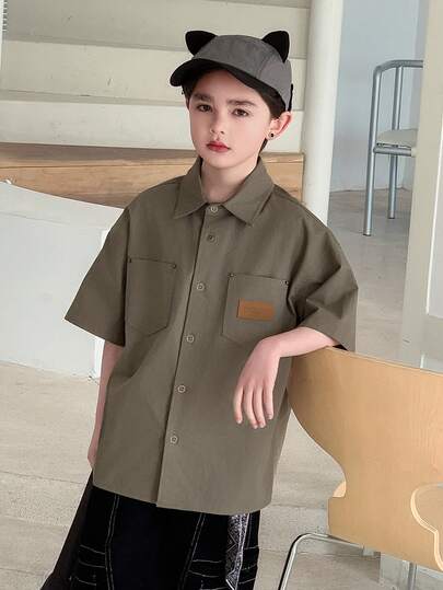 DAZY Tween Boy Summer Casual Fashionable Street Chic Daily Commute Patch Decor Pocket Raglan Loose Shirt