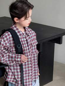DAZY Tween Boy Casual Fashion Street Daily Commute School Style Patterned Print Flap Pocket Cargo Shirt, Spring/Autumn - Red - View 4