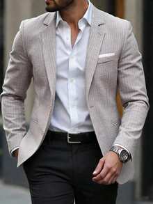 Manfinity Mode 男士灰白条纹纹理西装外套，春夏款 - 灰色 - 查看 7