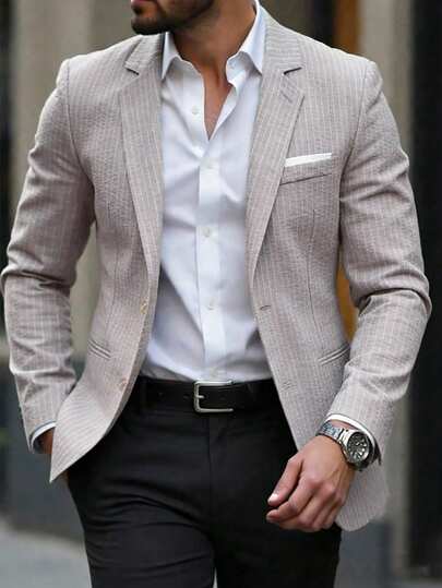 Manfinity Mode Men's Textured Gray & White Striped Suit Jacket, Spring/Summer
