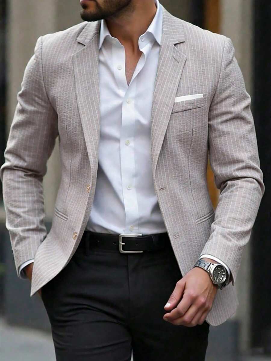 Manfinity Mode 男士灰白条纹纹理西装外套，春夏款 - 灰色 - 查看 1