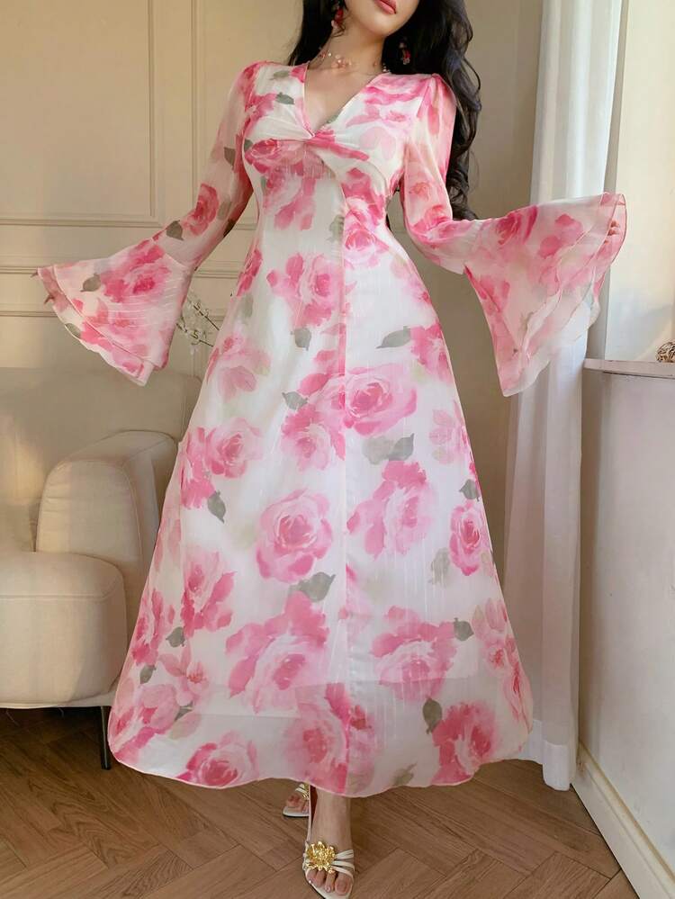 Women's V-Neck Floral Print Waist Cinched Flare Sleeve Dress, Elegant Sundress