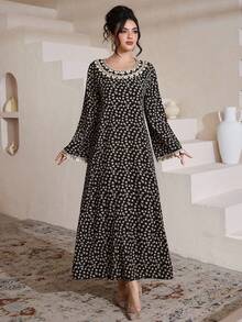 Al Najma Women's Spring/Summer Silk Velvet Woven Floral Print Long Sleeve Ruffle Hem Elegant Arabic Dress - Black - View 6