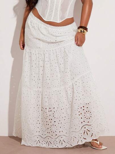 SHEIN BAE 大码女式纯色低腰层叠下摆半身裙，沙滩度假风，春夏款