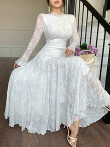 DAZY Women's Lace Fabric Waist Cinched A-Line Flare Sleeve Long Sleeve Elegant Fitted Dress - White - View 6